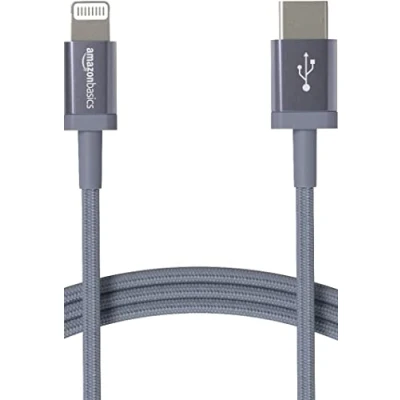 Abbildung von Amazon Basics USB C auf Lightning Kabel, geflochtenes Nylon, MFi zertifiziertes Ladekabel für iPhone 13/12/11/X/XS/XR/8, Dunkelgrau, 1.8 m, kompatible mit Smartphone