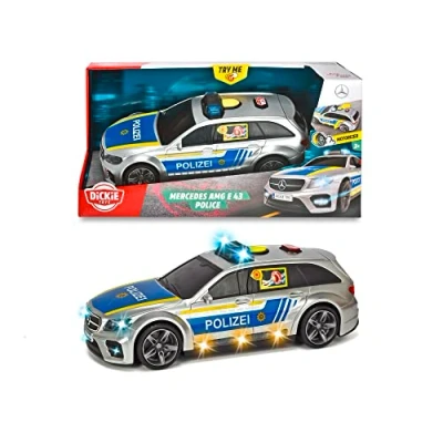 Abbildung von Dickie Toys Mercedes AMG E43 Polizeiauto, Polizei, motor. Spielzeugauto, Heckklappe öffnet per Knopfdruck mit Hundegebell Soundeffekt, inkl. Batterien, 30 cm, Silber/Blau