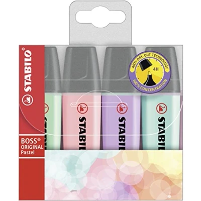 Abbildung von Textmarker STABILO BOSS ORIGINAL Pastel 4er Pack Korallrot, Kirschblütenrosa, Wolkenblau, Prise von Limette