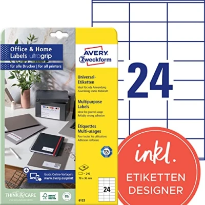 Abbildung von AVERY Zweckform 6122 Adressaufkleber (240 Klebeetiketten, 70x36 mm auf A4, bedruckbare Absenderetiketten, selbstklebende Adressetiketten mit ultragrip, ideal fürs HomeOffice) 10 Blatt, weiß