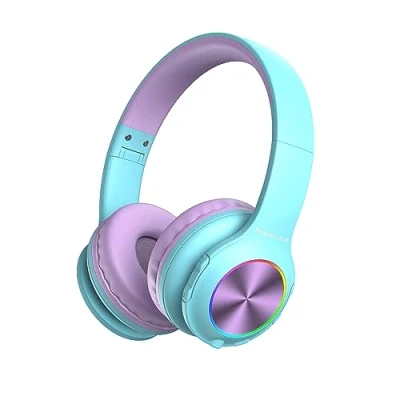 Abbildung von Kinderkopfhörer Bluetooth, PowerLocus Kinder Kopfhörer Kabellos mit LED Leuchten 74/85/94dB Lautstärkebegrenzung, Faltbare Headset, HD Stereo, Micro SD, Eingebautes Mikrofon für Schule/Laptop/Handy/TV