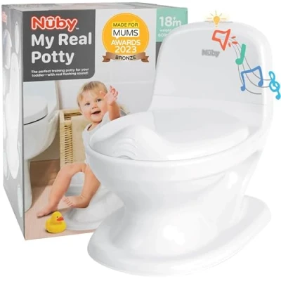 Abbildung von Nuby My Real Potty Kinder Töpfchen mit Spülgeräusch Toilettentrainer für echtem Sound und Batterien sind im Lieferumfang enthalten Toilette Weiß 18+ Monate