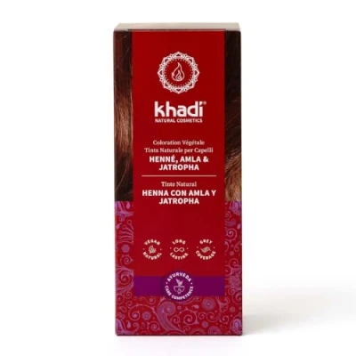 Abbildung von khadi HENNA, AMLA &amp; JATROPHA Pflanzenhaarfarbe, Haarfarbe für kräftiges, dunkles Tiefrot bis zu auffälligem, sattem Mahagoni, Naturhaarfarbe 100% pflanzlich, natürlich vegan, Naturkosmetik 100g