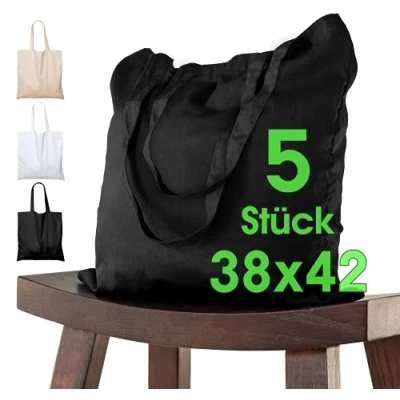 Abbildung von 5 Stück Baumwolltasche 38 x 42 cm SCHWARZ unbedruckt lange Henkel Stofftasche Tragetasche Umhängebeutel Baumwollbeutel Jutebeutel ÖKO TEX® Stoffbeutel Einkaufsbeutel Einkaufstasche leinentasche