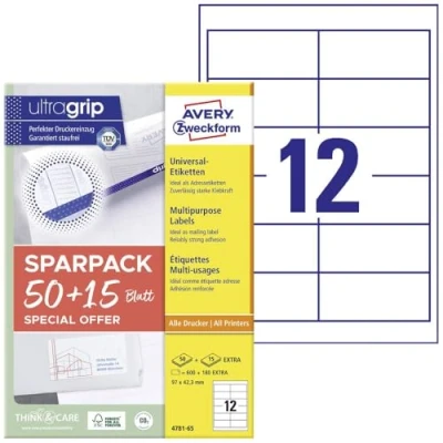 Abbildung von AVERY Zweckform 4781 65 Adressaufkleber (600 plus 180 Klebeetiketten extra, 97x42,3mm auf A4, Papier matt, bedruckbare Absenderetiketten, selbstklebende Adressetiketten mit ultragrip) Blatt, weiß