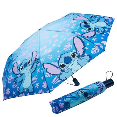 Abbildung von Disney Regenschirm Kinder, Leichter Taschenschirm Faltbar Automatik Stitch Sachen (Blau Stitch)
