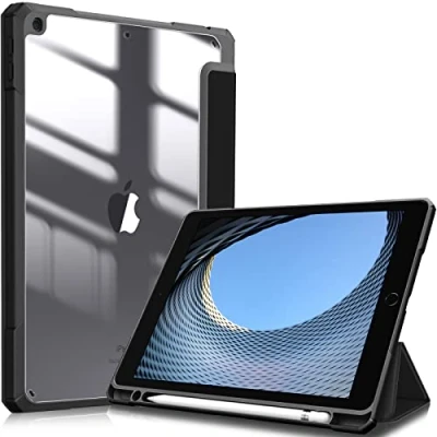 Abbildung von Fintie Hybrid Hülle für 10.2 Zoll iPad 9. Generation 2021/8. Gen 2020/7. 2019 mit Stifthalter Stoßfeste Schutzhülle transparenter Hartschale auf der Rückseite, Schwarz