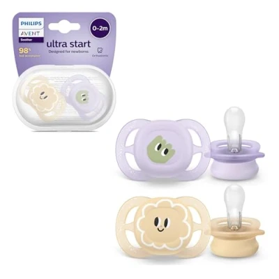 Abbildung von Philips Avent Ultra Start Schnuller, kiefergerecht geformter Schnuller für Neugeborene, BPA frei, mit Sterilisations ,Transportbehälter, Doppelpack, lila,orange, Modell SCF075/03