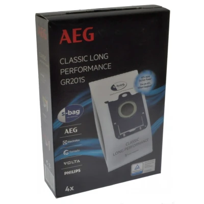Abbildung von AEG GR201S s bag Staubbeutel Classic Long Performance (4 Staubsaugerbeutel für dauerhaft hohe Saugleistung, optimale Filtration, Hygieneverschluss, 60% mehr Saugkraft, weiß)