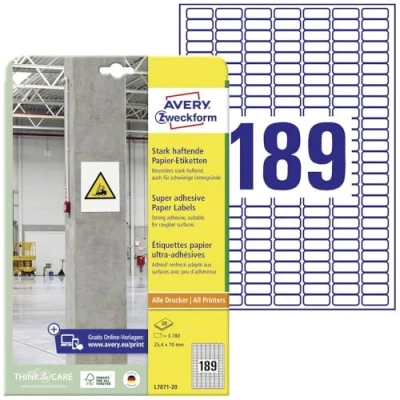 Abbildung von AVERY Zweckform L7871 20 stark haftende Etiketten (3.780 Aufkleber, 25,4x10mm auf A4, extrem selbstklebend, auch für schwierige Oberflächen, bedruckbare Power Klebeetiketten) Blatt, weiß