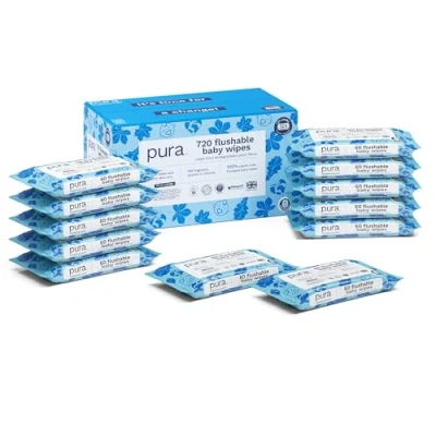 Abbildung von Pura Spülbare Öko Baby Feuchttücher für empfindliche Babyhaut, 720 Tücher (12 x 60 Tücher), Monatsbox, 99% Wasser, 100% Plastikfrei, Sensible, zu Ekzemen Neigende Haut, Biologisch Abbaubar