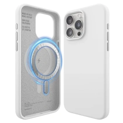 Abbildung von elago Magnetische Silikonhülle Kompatibel mit iPhone 15 Pro Max Hülle, MagSafe Alles Zubehör, Integrierte Magnet, Premium Silikon, Ganzkörper Schutzhülle [5 Lagige Struktur] (Weiß)