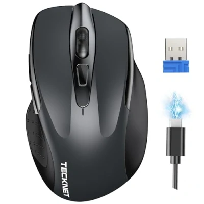Abbildung von TECKNET Silent Kabellose Maus, Wiederaufladbar Funkmaus 4800 DPI, 2,4 GHz Optische Computer Maus für Laptop, PC, Mac, 6 Tasten, Grau