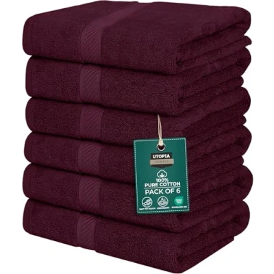 Abbildung von Utopia Towels UT0573 Badetuch Set, 100% ringgesponnene Baumwolle, mittelleicht und sehr saugfähig, schnell trocknend, Premium Handtücher für Hotel, Spa Badezimmer, Burgunderrot, 6 teilig