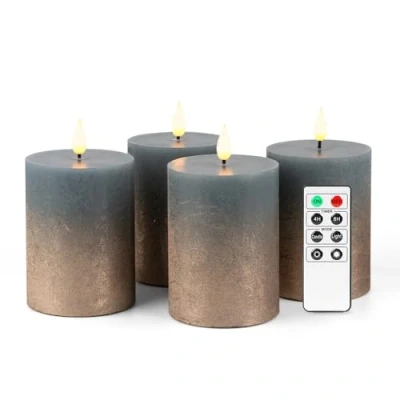 Abbildung von Fanna 4 LED Flammenlose Echtwachs kerzen Rustikale Design, Batteriekerzen mit Timer für Weihnachten Dekorationen und Advent, Fernbedienung Batterien enthalten H 10cm Blau/Kupfer