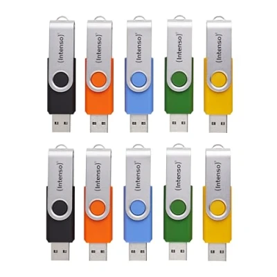 Abbildung von Intenso Basic Line 10x 16 GB USB Sticks 2.0 mit praktischen Beschriftungsetiketten, Gelb, Grün, Schwarz, Blau + Orange, silbernem Metallbügel, 10er Pack