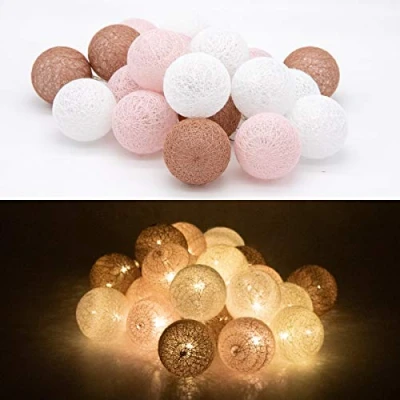 Abbildung von Tronje 20 LED Baumwollkugeln 6cm 3,8m Kugel Lichterkette 4h Timer batteriebetrieben Lichterkugeln Braun Rosa