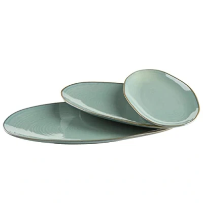 Abbildung von MÄSER Serie Nottingham, Set aus 3 Servierplatten, Servierteller in Größen im unregelmäßig geformten Vintage Look, Steinzeug, Türkis Grün