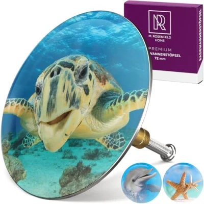 Abbildung von M. ROSENFELD HOME Badewannenstöpsel mit Motiv Schildkröte Turtle Stöpsel Badewanne 72mm Universal aus Messing Doppel Dichtung