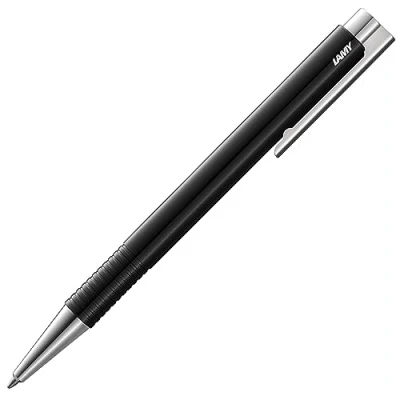 Abbildung von LAMY logo M+ Kugelschreiber 204 aus bruchfestem Kunststoff in der Farbe schwarz mit verchromter Spitze und Drücker, inkl. Großraummine M 16 Strichbreite blau