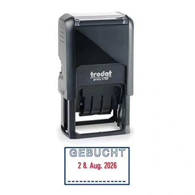 Abbildung von Trodat Printy 4750/L7 Datumstempel mit Text GEBUCHT, Selbstfärber, Abdruckfarbe blau rot, 41 x 24 mm