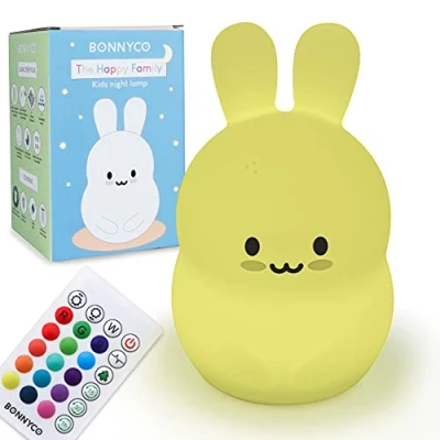 Abbildung von Nachtlicht Kinder mit Fernbedienung und Berührungssensor 16 Farben BONNYCO Kaninchen Baby Timer Nachttischlampe Silikon 100% BPA Frei Geschenke