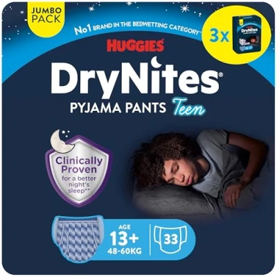 Abbildung von Huggies DryNites Nachtwindeln bei Bettnässen, für Jungen ab 13 bis ca. 17 Jahre (48 60 KG), 33 Stück (3x11), Jumbo Monatspack, Windel Pants XL