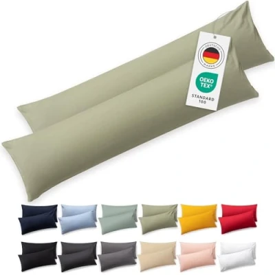 Abbildung von Blumtal Seitenschläferkissen Bezug 40 x 145 (2er Set Kissenbezüge) Grün 100% Baumwolle, Oeko Tex Zertifiziert, Kissenbezug für Seitenschläferkissen, Kissenhülle mit Reißverschluss