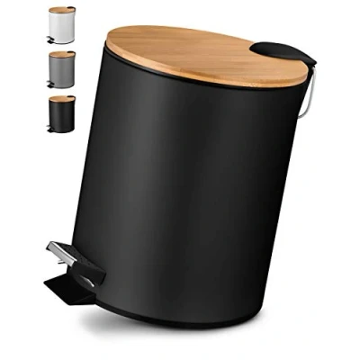 Abbildung von VMbathrooms 5L Kosmetikeimer in edlem schwarzem Design Tretmülleimer mit Absenkautomatik (Soft Close) Eleganter Eimer fürs Bad Innenbehälter und Bambus Holzdeckel