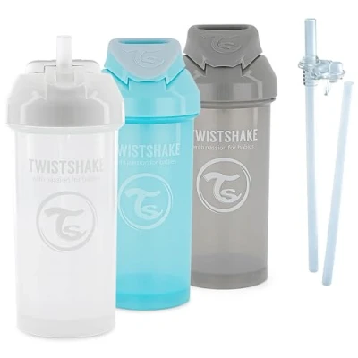 Abbildung von Twistshake Baby Trainings Schnabeltassen Set 4 teilig 3 x Schnabeltasse mit Strohhalm 2 Strohhalme 1 Strohbecher auslaufsicher Auslaufsichere Wasserflaschen 6+ Monate Grau Blau