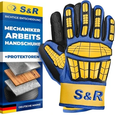 Abbildung von S&amp;R Mechaniker Handschuhe mit flexiblen Protektoren, Gr.10, 1 Paar Arbeitshandschuhe für KFZ , Metall Bau Holzarbeiten, stoßdämpfende Knöchelschutz, reißfest