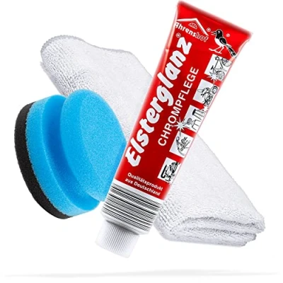 Abbildung von detailmate Chrom Pflege Bundle mit 150ml XXL Tube Elsterglanz Chrompflege + Premium Microfasertuch Schwamm Chrompolitur reinigt, poliert und konserviert Oberflächen