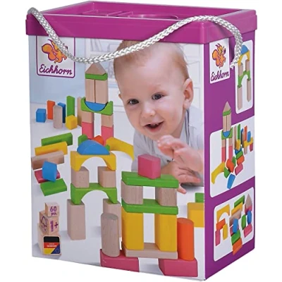 Abbildung von Eichhorn 100088021 60 Bunte und naturfarbene Holzbausteine in der Aufbewahrungsbox mit Kordel Sortierdeckel, FSC 100 Prozent zertifiziertes Buchenholz, für Kinder ab einem Jahr