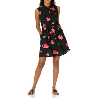 Abbildung von Amazon Essentials Damen Ärmelloses gewebtes Hemdkleid mit lockerer Passform, Schwarz Rosa Blumen, M