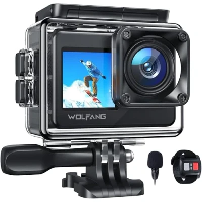 Abbildung von WOLFANG GA120 Action Cam 4K 20MP WiFi Kamera, Unterwasserkamera 40M Wasserdicht 170 Weitwinkel Dual Screen Vlogging Kamera mit EIS Bildstabilisierung, Helmhalterung Zubehör Kits