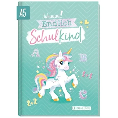 Abbildung von Endlich Schulkind! A5 Erinnerungsbuch zur Einschulung &quot;Einhorn&quot; Hardcover Einschulungsalbum Schulanfang Geschenk für die Schultüte, erster Schultag nachhaltig &amp; klimafreundlich