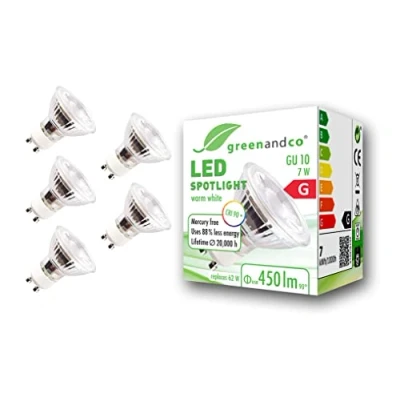 Abbildung von greenandco 5x CRI 90+ GU10 LED Spot, 7W 450 lm 36 3000K warmweiß 230V, flimmerfrei, nicht dimmbar, 2 Jahre Garantie