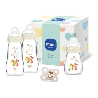 Abbildung von MAM Feel Good Glass Bottle Geschenk Set 0+ Mon Babyflaschen für Neugeborene 94% Akzeptanz stillfreundlich hygienisch 3 Glasflaschen &amp; 1 Original Schnuller beige
