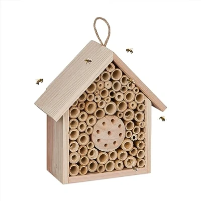 Abbildung von Relaxdays Bienenhotel, Holz, Insektenhotel Wildbienen, Garten, Balkon, zum Aufhängen, HxBxT: 20,5 x 19,5 8,5 cm, Natur