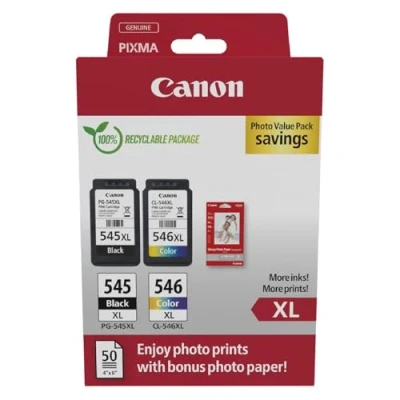Abbildung von Canon PG 545 XL CL 546 Vorteilspack 2 Tintenpatronen größere Reichweite (Schwarz XL, Farbe XL) Original +50 Blatt 10x15cm Photo Paper [Umweltfreundl. Recycle Kartonverpackung 2024]