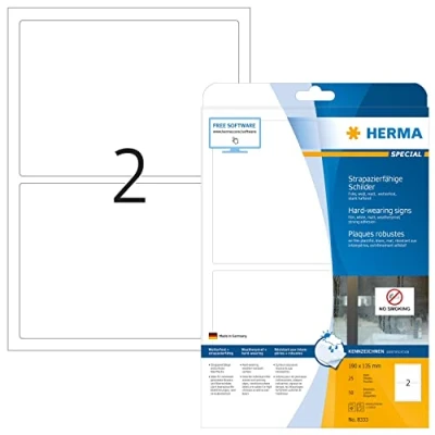 Abbildung von HERMA 8333 Wetterfeste Folienetiketten, 25 Blatt, 190 x 135 mm, 2 pro A4 Bogen, 50 Stück, selbstklebend, bedruckbar, matt, blanko Klebeetiketten Aufkleber aus Folie, weiß