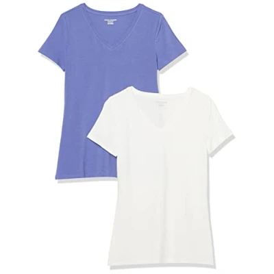 Abbildung von Amazon Essentials Damen T Shirt Regular Fit mit kurzen Ärmeln und V Ausschnitt, 2er Pack, Lila Blau/Weiß, S