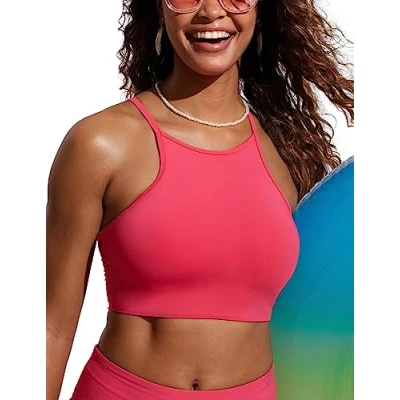 Abbildung von CRZ YOGA Damen Bikinitops Stehkragen Bikini Sport BH Racerback Gepolstert Bikinioberteil Sexy Oberteil Magenta 42