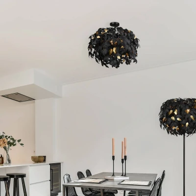 Abbildung von Reality Leuchten Deckenleuchte Leavy R60463032, Metall schwarz, Schirm Kunststoff schwarz/goldfarbig, exkl. 3x E14