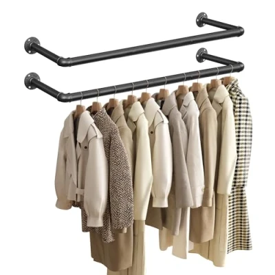 Abbildung von SONGMICS Kleiderstangen für die Wand 2er Set, Garderobenstangen, Wandmontage, platzsparend, 92 x 30 7,5 cm, einfache Montage, Industrie Design, kleine Wohnungen, schwarz HSR67BK02