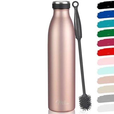Abbildung von Milu Edelstahl Trinkflasche 350ml, 500ml, 750ml, 1L, 1.5L Thermosflasche, Isolierte Wasserflasche, Auslaufsichere Isolierflasche doppelwandig, Kohlensäure geeignet + Reinigungsbürste (Rosegold, 1.5L)