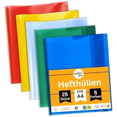 Abbildung von perfect line 25 Hefthüllen DIN A4, 5 Farben, Heftumschlag transparent genarbt, Heftschoner aus recyclebarem PP, dokumentenecht