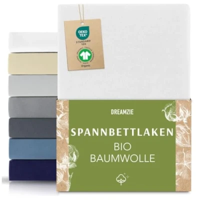 Abbildung von Dreamzie Premium Spannbettlaken 180x200cm bis 200x200cm Weiß, Spannbetttuch aus 100% Jersey Biobaumwolle, 150 g/m² Oeko TEX