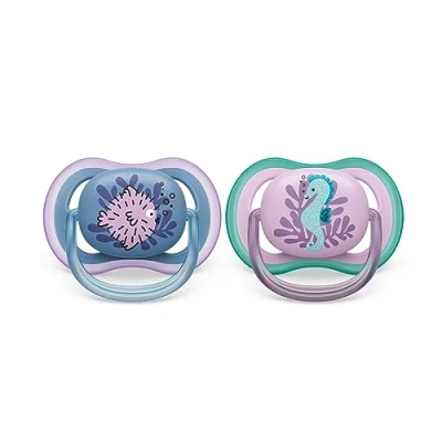 Abbildung von Philips AVENT ultra air Schnuller 2er Pack, BPA freier, atmungsaktiver für Babys von 6 18 Monaten, inklusive Transport und Sterilisationsbox, Seepferdchen/Kugelfisch (Modell SCF085/61)