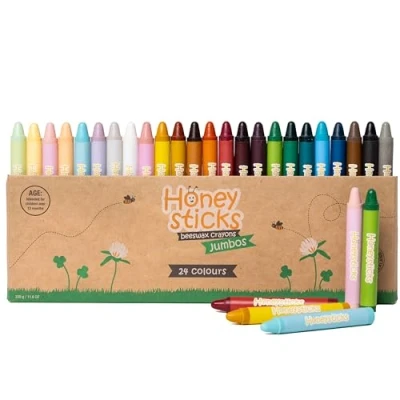 Abbildung von Honeysticks Jumbo Buntstifte (24 Stück), ungiftige für Kinder 100% reines Bienenwachs, 24 leuchtende Farben in Lebensmittelqualität große Buntstifte, einfach zu halten und verwenden